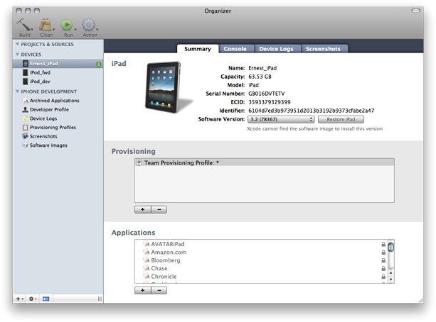 Xcode Organizer window identifying the Application Data package of an iPhone application.