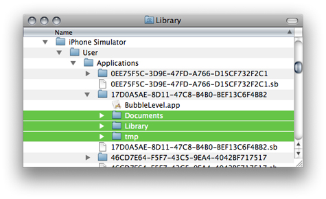 Finder window showing the local file system of an iPhone application.