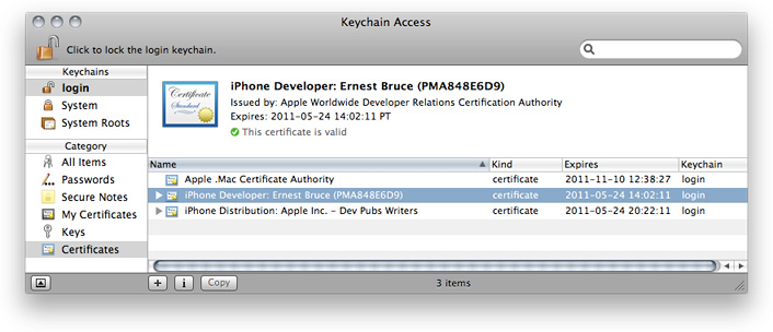 Keychain Access with the login keychain selected and the Certificates category selected in the sidebar. The user‚Äôs iPhone Developer certificate is highlighted in the certificates list and details about the certificate is also displayed.