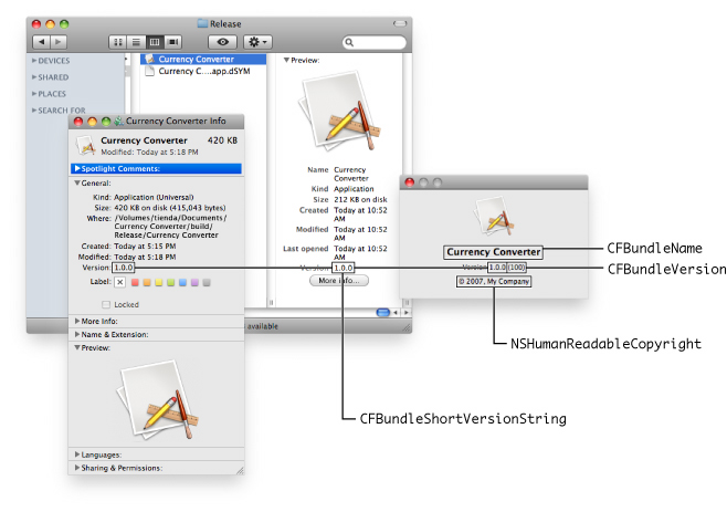 Build and release version numbers in Finder preview panes and About windows