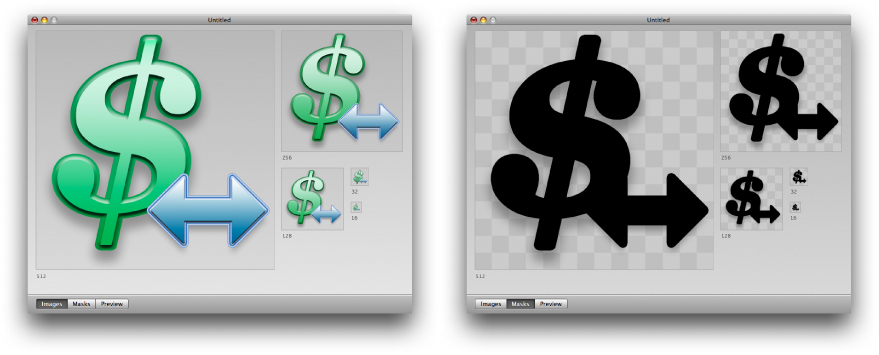 Icon file editor with icon images and icon masks at several resolutions