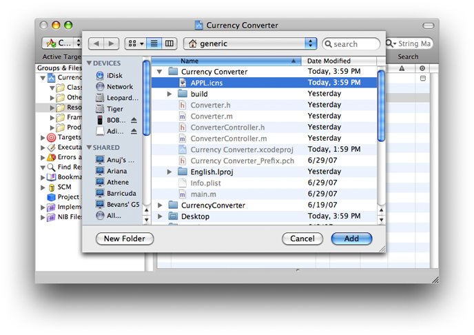 Selecting the icon file to add to the Currency Converter project