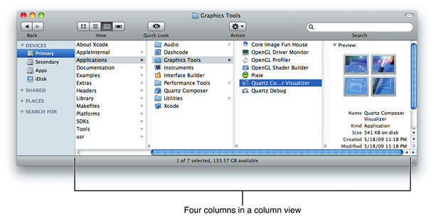 Column view display of files