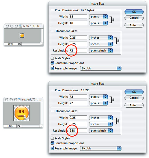 Specifying resolution for 1x and 4x bitmap images