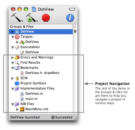 The Xcode Groups and Files list contains several tools to help you navigate around your project.