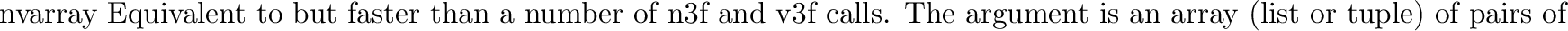 \begin{funcdesc}{vnarray}{}
Similar to
\code{nvarray()}
but the pairs have the point first and the normal second.
\end{funcdesc}