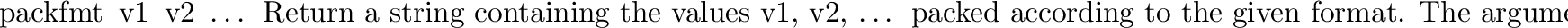 \begin{funcdesc}{unpack}{fmt\, string}
Unpack the string (presumably packed by ...
...\code{len(\var{string})} must
equal \code{calcsize(\var{fmt})}).
\end{funcdesc}