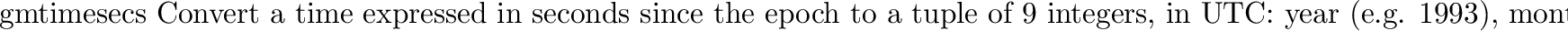 \begin{funcdesc}{localtime}{secs}
Like \code{gmtime} but converts to local time. The dst flag is set
to 1 when DST applies to the given time.
\end{funcdesc}