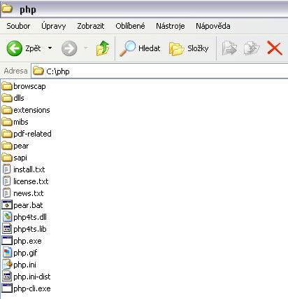 Obsah adresß°e C:\PHP po p°ejmenovßnφ souboru php.ini-recommended na soubor php.ini