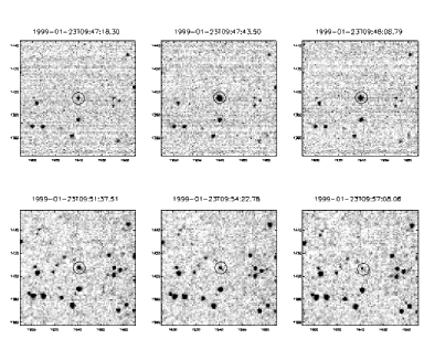 Sequence of 6 ROTSE-I images of the
fading optical counterpart to GRB 990123