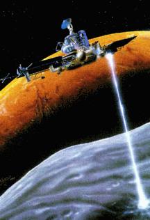 artist concept of Phobos mission at Phobos with Mars in the background