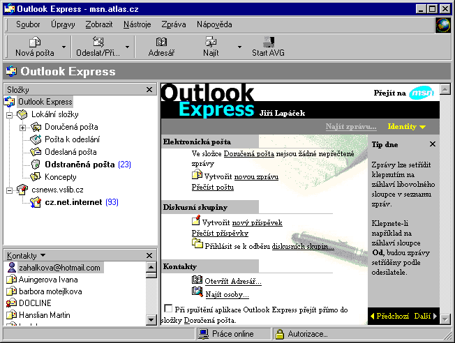 Hlavnφ okno programu Outlook Express