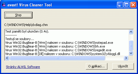 avast! Virus Cleaner - hlavni okno aplikace